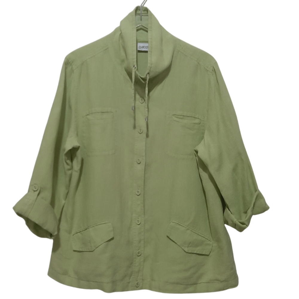 Chico's Lagenlook Linen Green Button Front Shirt Shacket Size XL